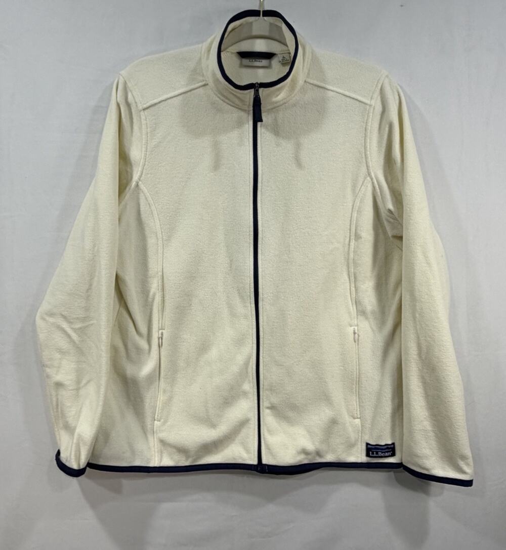 LL Bean Women's Large Full Zip Fleece Cream White Blue Gorpcore Outdoor Hiking